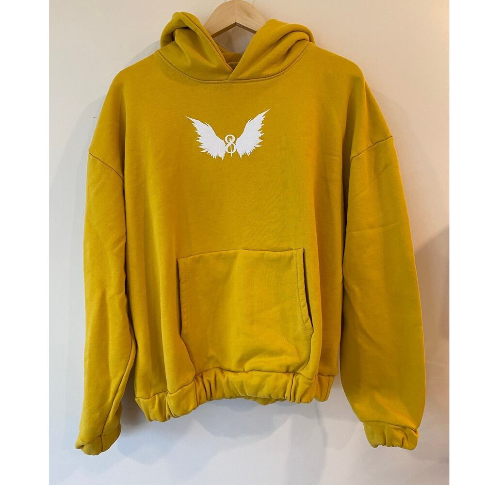 Yellow Pullover Hoodie with Angel Wings Graphic Unisex Kangaroo Pocket Size XL
